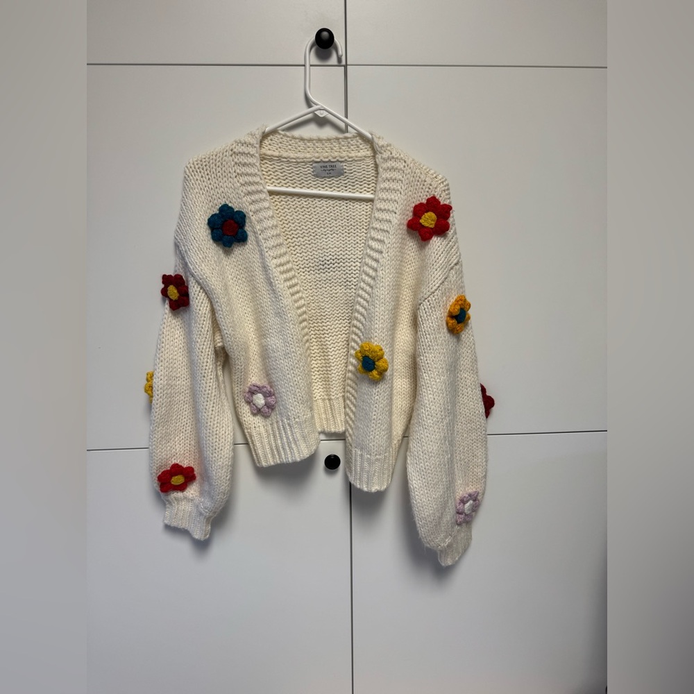 Vine Tree Floral Knit Cardigan Sweater - Cream with Multicolor Daisy Accents